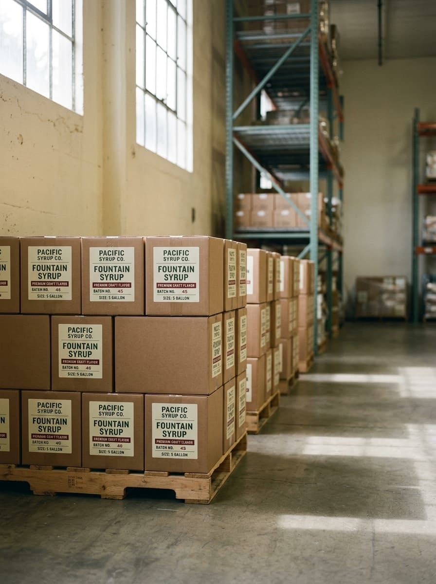 Pallets of bag-in-box fountain syrup in the Natural Wave Beverage warehouse, Auburn, Washington
